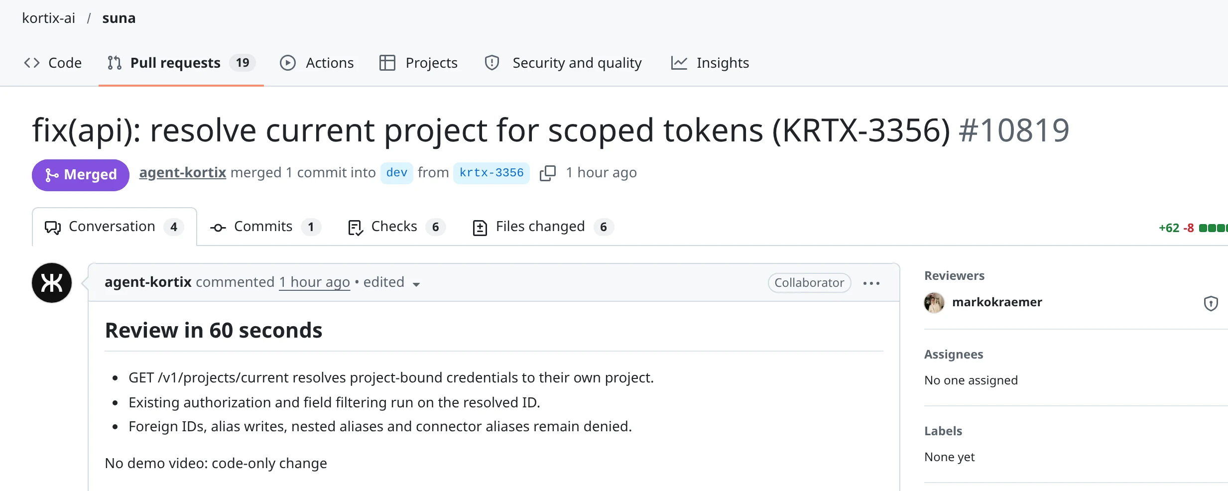 Merged change request #10819 in the Kortix repository: the review summary a person read, the checks that ran, and the merge that shipped it.